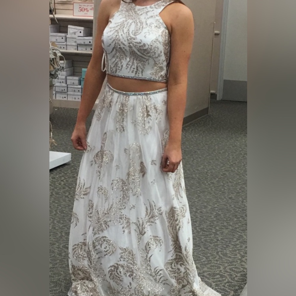 2 piece gold and white prom dress